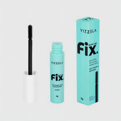 Gel fixador para sobrancelhas Vizzela Fix Brow Up em frasco e caixa azul clara