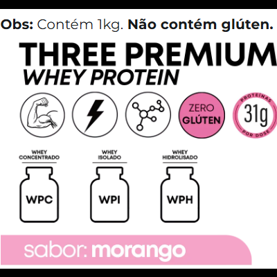 Rótulo de suplemento de proteína whey com sabor de morango, texto e ícones explicativos.