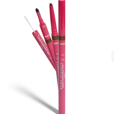 Três lápis de lábios rosa da marca EUDORA com diferentes aplicadores e texto branco.