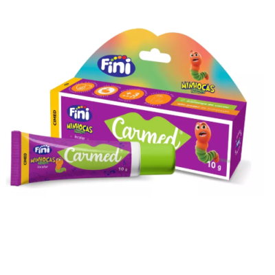 Embalagem e tubo de goma Fini Mimhoças sabor Caramela em roxo e verde