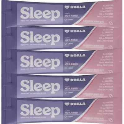 Cinco embalagens individuais de suplemento Koala Sleep sabor morango
