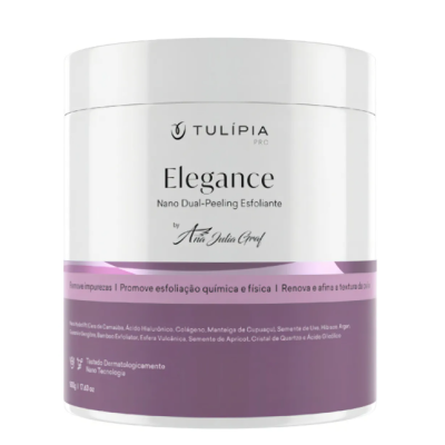 Frasco branco e lilás do esfoliante Elegance Nano Dual-Peeling da Tulípia Pro