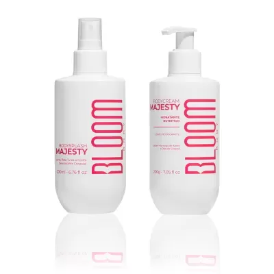 Frascos brancos de Bodysplash e Bodycream BLOOM BODY MAJESTY com texto rosa