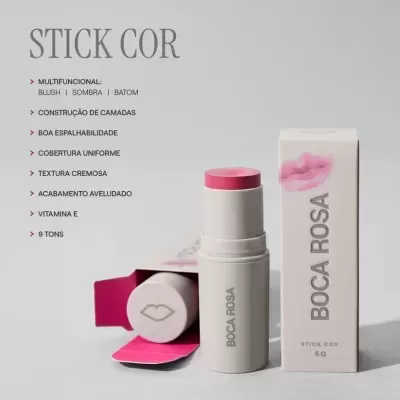Stick cosmético cor rosa Boca Rosa com embalagem branca e tampa rosa