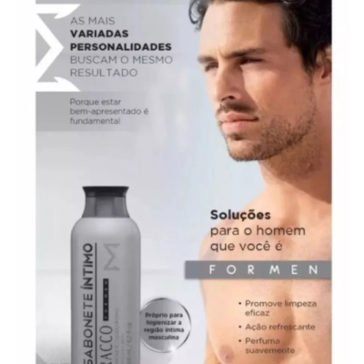 Frasco de sabonete íntimo Racco For Men cinza com texto promocional e imagem de homem de cabelo escuro.