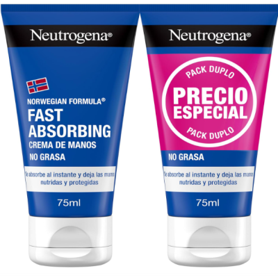 Dois tubos de creme de mãos Neutrogena 75ml com embalagem azul e detalhe rosa