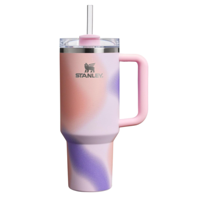 Copo térmico STANLEY cor-de-rosa com padrão e canudo