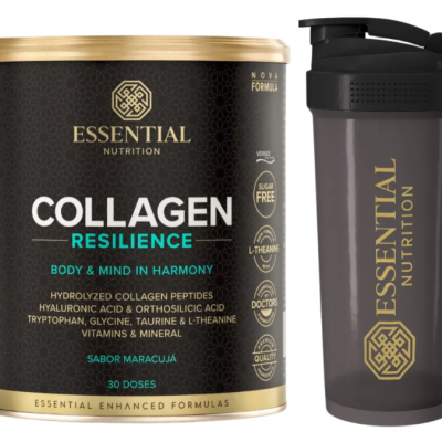 Frasco e shaker Essential Nutrition para colagénio com embalagem preta e detalhes dourados e azuis