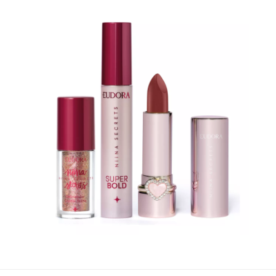 Conjunto Eudora Nina Secrets com brilho labial, máscara de pestanas e baton rosa nude