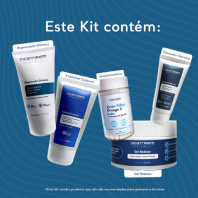 Kit de produtos Cicarriem compostos por creme regenerador, esfoliante, multivitamínico, clareador e gel redutor, fundo azul com linhas curvas.
