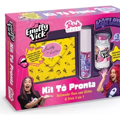 Kit maquilhagem infantil Emily Vick Kit Tô Pronta com delineador glitter rosa e stick 3 em 1