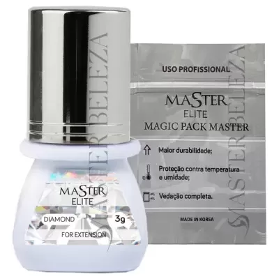 Produto Master Elite Diamond para extensão com embalagem branca e tampa prateada e saqueta prateada ao fundo