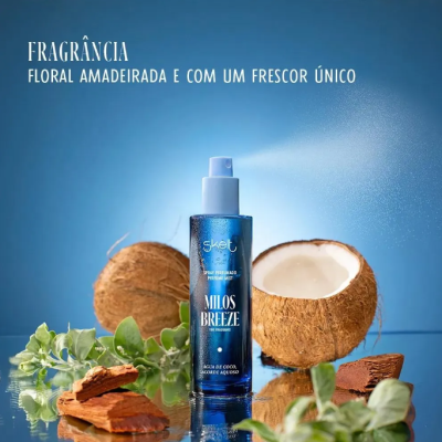 Frasco azul SVET Milos Breeze com cocos e folhas verdes