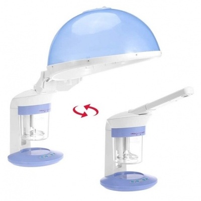 Aparelho para tratamento capilar com cúpula azul e base branca e azul claro