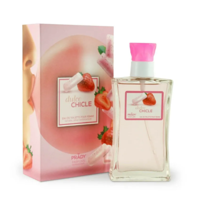 Frasco de perfume rosa com embalagem a condizer e imagens de morangos