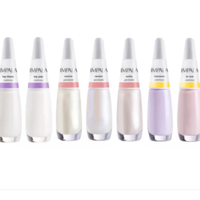 Sete frascos de verniz de unhas IMPALA com tampas brancas e cores suaves