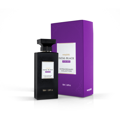 Frasco de perfume preto com embalagem roxa e texto wepink FATAL BLACK FOR HER