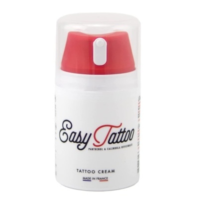 Frasco branco com tampa vermelha de creme para tatuagens Easy Tattoo