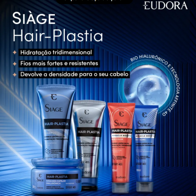 Produtos Siàge Hair-Plastia da Eudora em embalagens azuis, cinza e laranja com fundo azul.