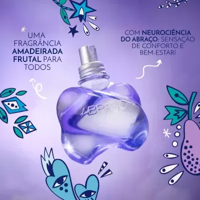 Frasco de perfume roxo com tampa metálica e palavra ABRAÇO