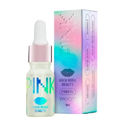 Frasco e caixa colorida do óleo facial Boca Rosa Beauty Cyber Oil Payot