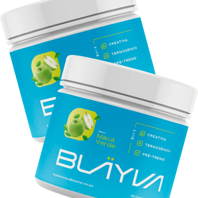 Frascos de suplemento alimentar BLÄYVA sabor Maçã Verde em embalagem azul