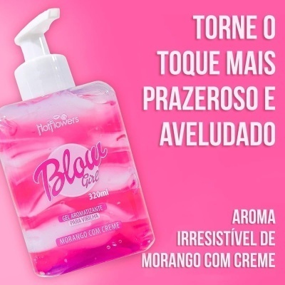 Frasco de gel aromatizante cor rosa com texto promocional em rosa