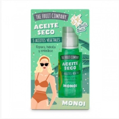 Frasco verde de óleo seco Monoi da THE FRUIT COMPANY numa caixa verde com ilustração de mulher