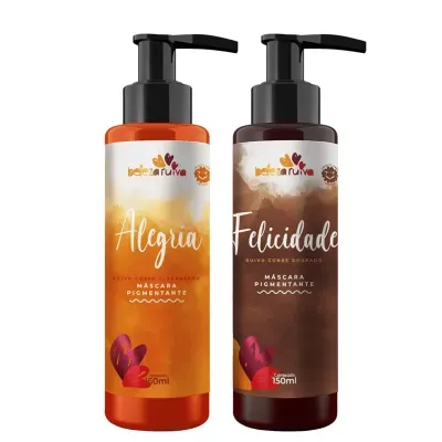 Conjunto de duas embalagens de máscaras pigmentantes laranja e castanha para cabelo ruivo.