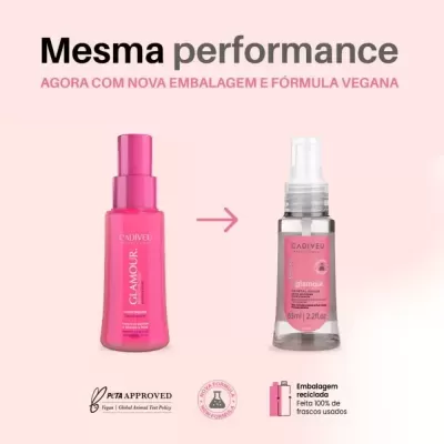 Duas embalagens de spray CADIVEU GLAMOUR, nova e antiga, com texto promocional em fundo rosa