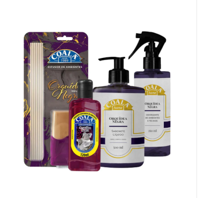Conjunto de produtos Coala Orquídea Negra com difusor, concentrado, sabonete líquido e odorante em embalagens roxas e douradas