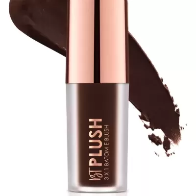 Batom e blush em bastão castanho escuro com tampa rose gold