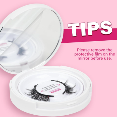 Estojo branco com espelho e pestanas falsas, fundo rosa com texto de instruções