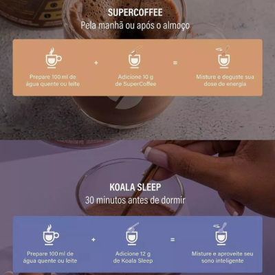 Instruções para preparo de SuperCoffee e Koala Sleep com texto em português e imagens de bebidas em copos.