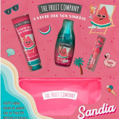 Conjunto cosmético THE FRUIT COMPANY tema sandia com creme mãos, eau toilette, azeite labial e necessaire rosa