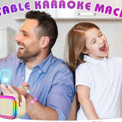 Homem e menina cantando com microfones em cozinha com texto 'PORTABLE KARAOKE MACHINE'