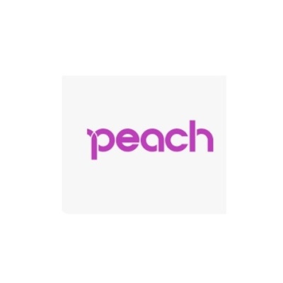 Palavra 'peach' em letras cor-de-rosa num fundo branco
