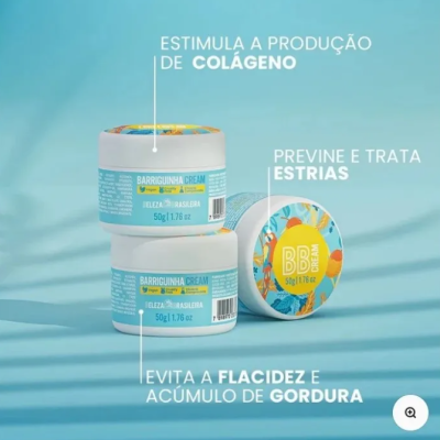 Frascos de BARRIGUINHA CREAM com etiquetas azuis e texto sobre benefícios do produto em português, sobre fundo azul.
