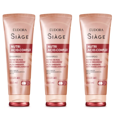 Três frascos de champô Eudora Siàge Nutri Acid.Complex 250 ml