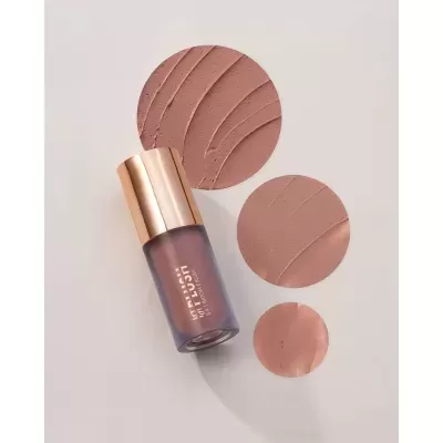 Frasco de blush 3x batom e blush roxo com tampa dourada e amostras de cor rosa