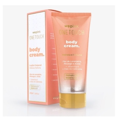Creme corporal WEPIK ONETOUCH com embalagem cor de pêssego e dourada ao lado da caixa correspondente