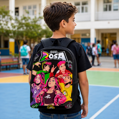 Mochila preta com personagens animados coloridos e texto DOS ROSA