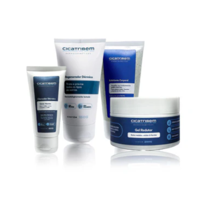 Produtos Cicatribem de cuidados de pele, em tubos e frascos brancos e azuis com rótulos em português.