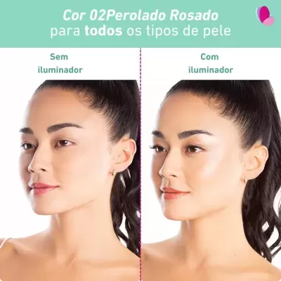Comparação de rosto feminino sem e com iluminador Cor 02Perolado Rosado para todos os tipos de pele.
