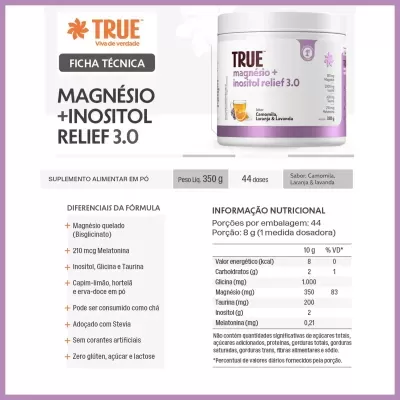 Embalagem de suplemento alimentar TRUE magnésio + inositol relief 3.0