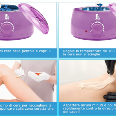 Aquecedor de cera roxo com tampa transparente e instruções para uso em depilação
