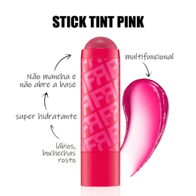 Stick tint rosa multifuncional com embalagem rosa e amostra da textura do produto