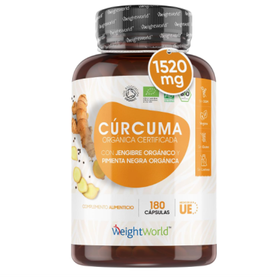 Frasco de cápsulas de cúrcuma orgânica certificada com gengibre e pimenta negra da WeightWorld