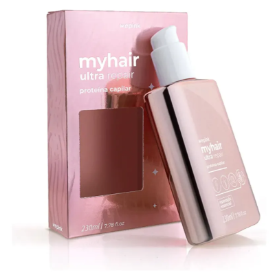 Frasco rosa metalizado do tratamento capilar 'myhair ultra repair' com embalagem rosa com janela