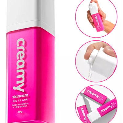 Frasco rosa de gel 7% AHA com tampa branca e texto branco